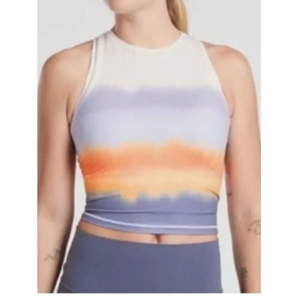Like New! Athleta Shanti Printed Crop Tank Top Ombre Orange Blue Stretch in 1X